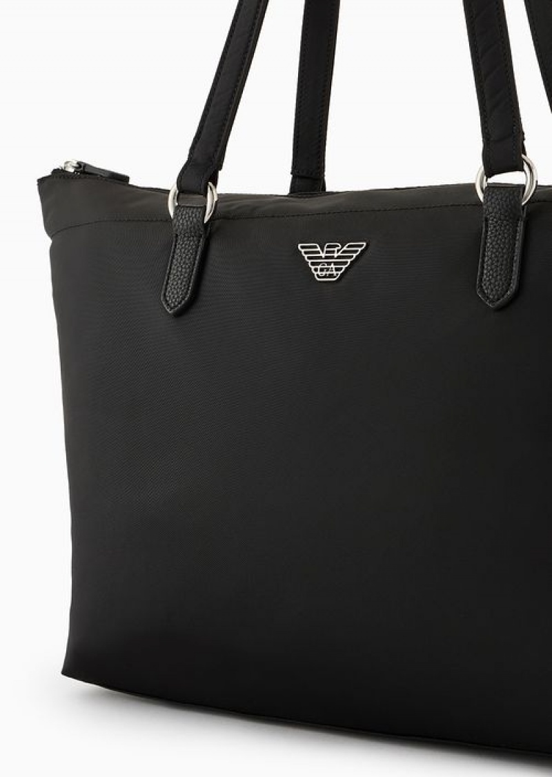 Deep Black Emporio Armani Asv Recycled Nylon Shopper Bag With Eagle Plaque | EA-SN57368