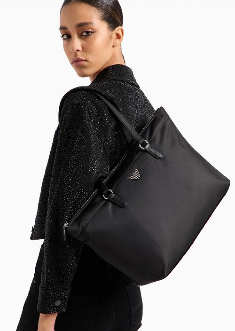 Deep Black Emporio Armani Asv Recycled Nylon Shopper Bag With Eagle Plaque | EA-SN57368