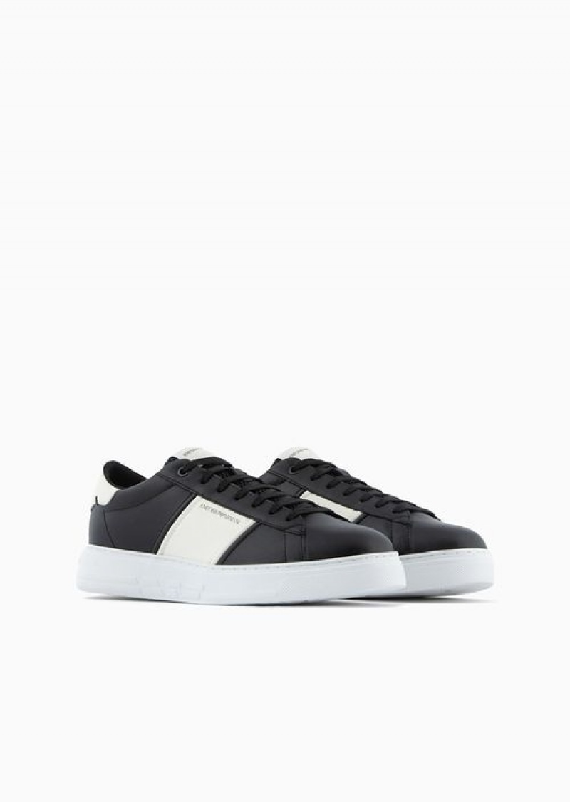 Deep Black Emporio Armani Leather Sneakers With Rubber Details | EA-SN58968