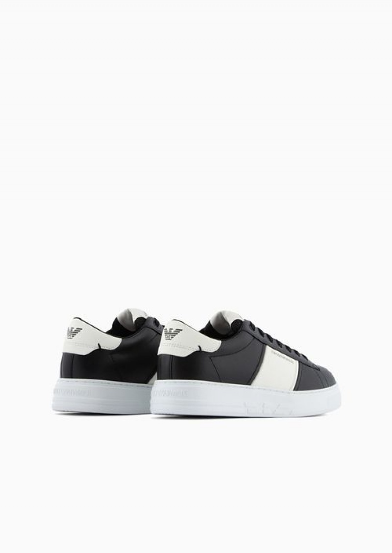 Deep Black Emporio Armani Leather Sneakers With Rubber Details | EA-SN58968