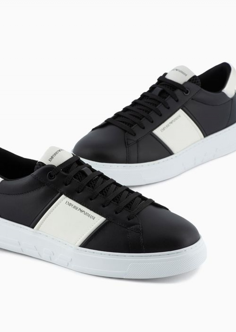 Deep Black Emporio Armani Leather Sneakers With Rubber Details | EA-SN58968