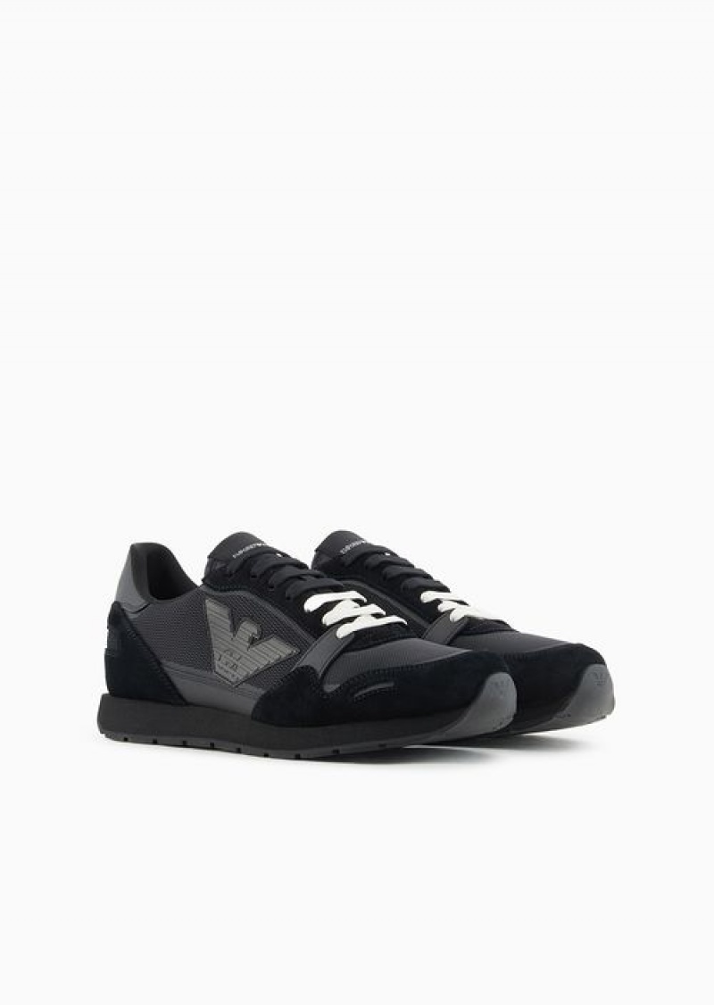 Deep Black Emporio Armani Mesh Sneakers With Suede Details And Eagle Patch | EA-SN58939