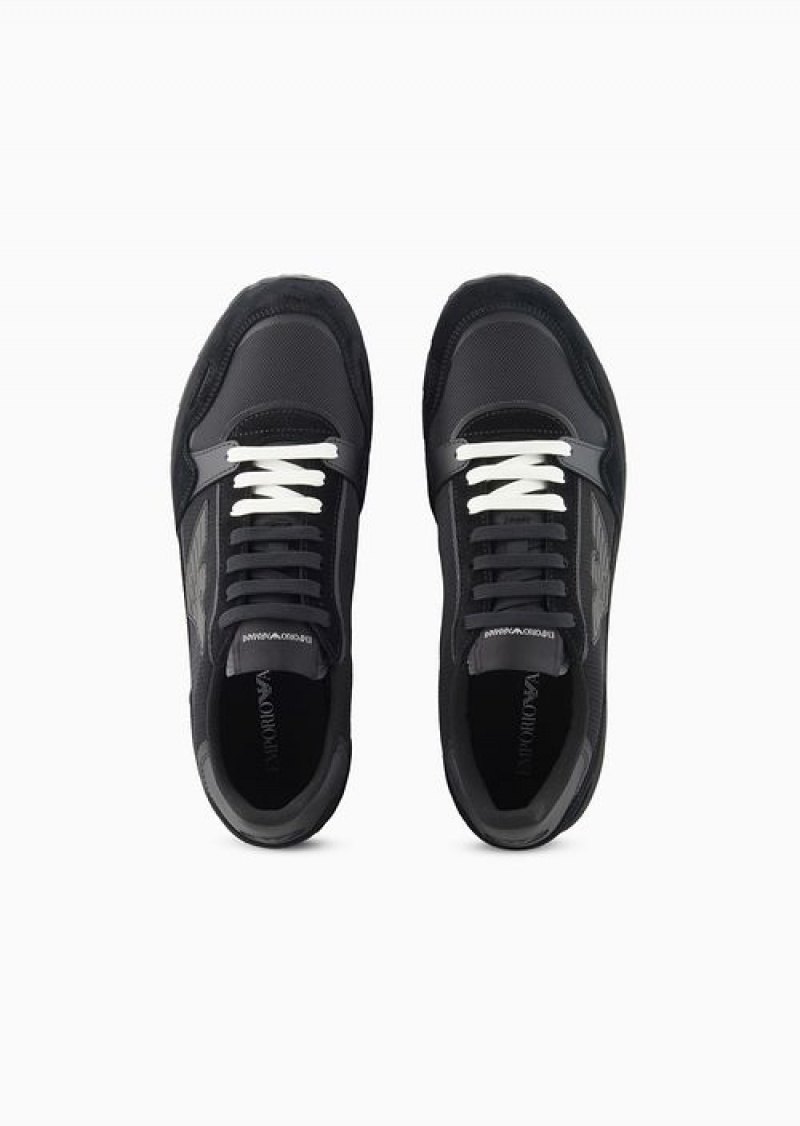 Deep Black Emporio Armani Mesh Sneakers With Suede Details And Eagle Patch | EA-SN58939