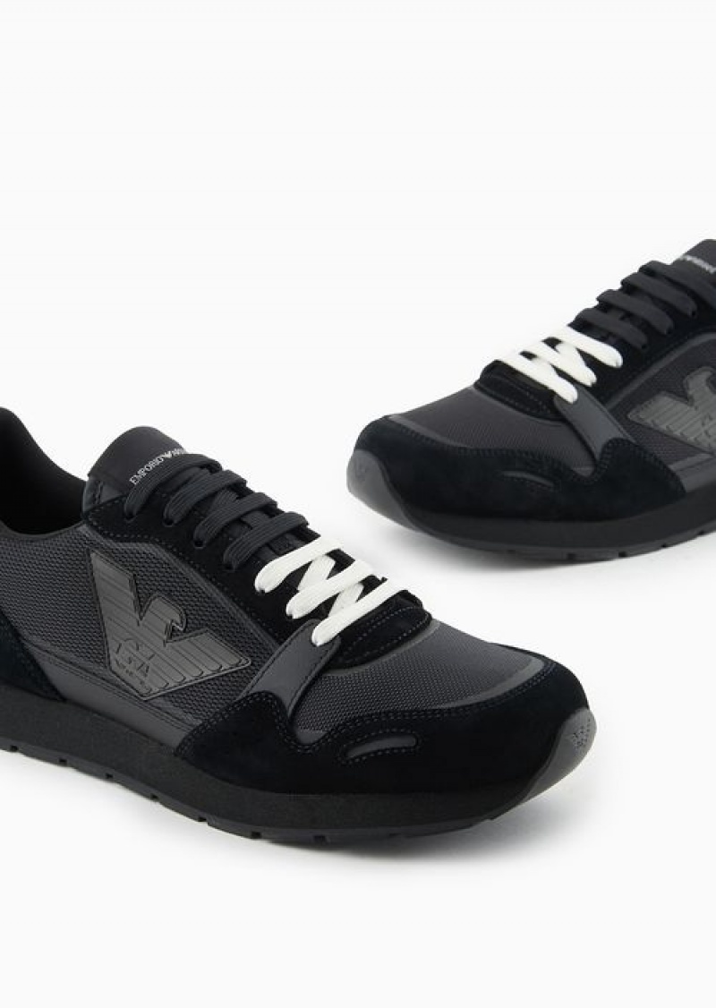 Deep Black Emporio Armani Mesh Sneakers With Suede Details And Eagle Patch | EA-SN58939