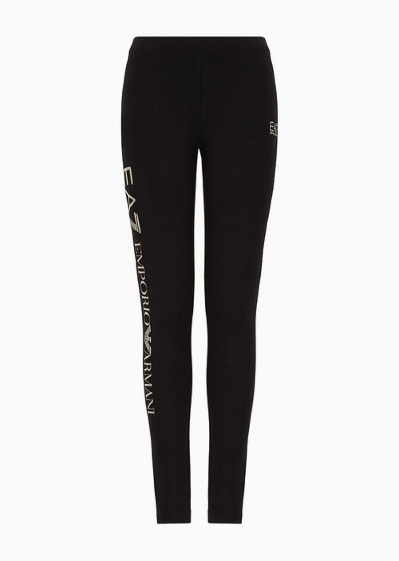 Deep Black Emporio Armani Shiny Stretch Cotton Leggings | EA7-SN59552