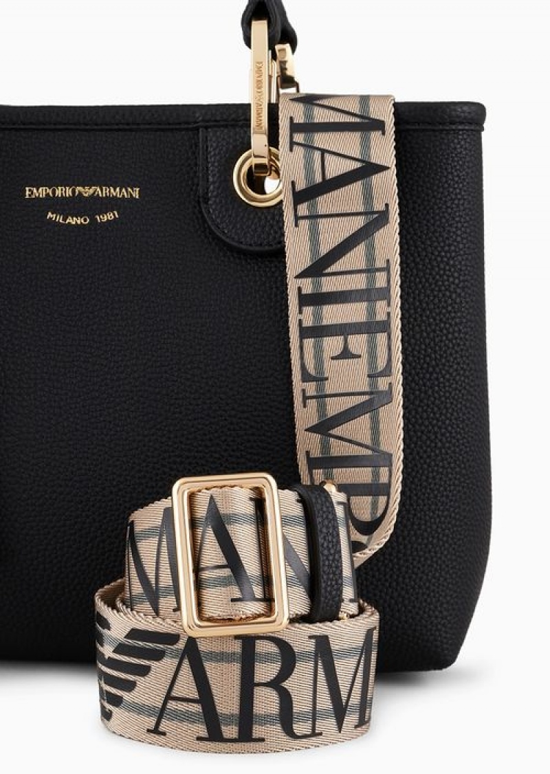 Deep Black Emporio Armani Small Myea Shopper Bag With Deer Print | EA-SN57298