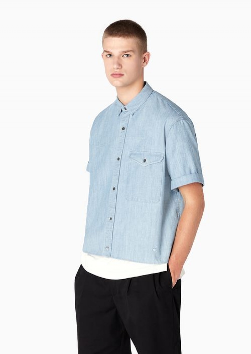 Denim Emporio Armani Short-sleeved Comfort-fit Shirt In A Denim-effect Striped Cotton | EA-SN57878