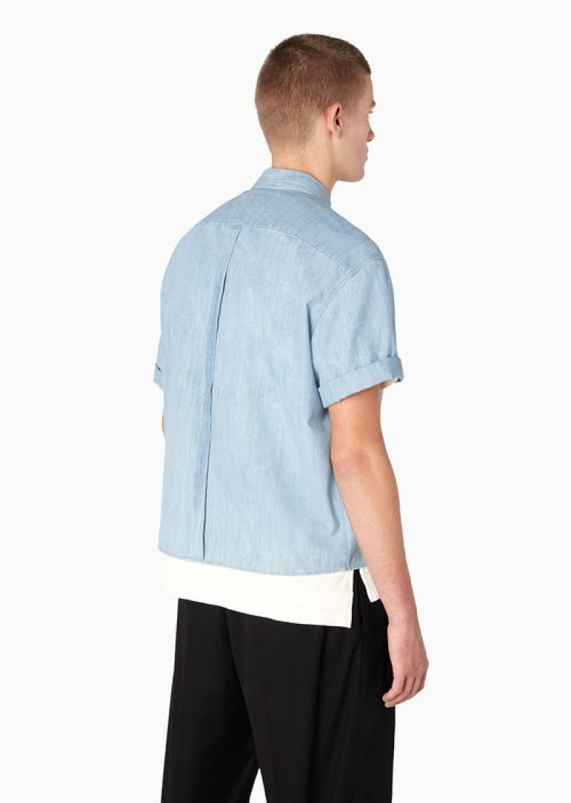 Denim Emporio Armani Short-sleeved Comfort-fit Shirt In A Denim-effect Striped Cotton | EA-SN57878