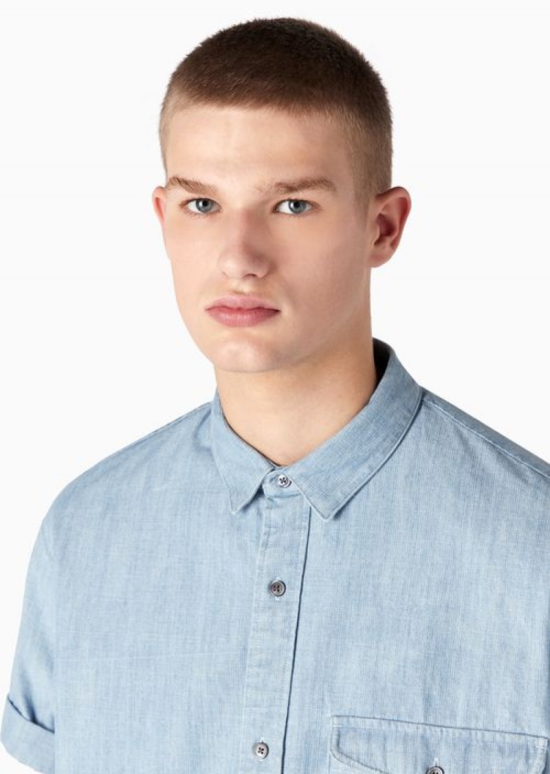 Denim Emporio Armani Short-sleeved Comfort-fit Shirt In A Denim-effect Striped Cotton | EA-SN57878