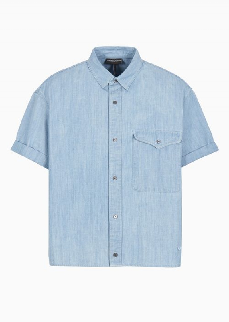 Denim Emporio Armani Short-sleeved Comfort-fit Shirt In A Denim-effect Striped Cotton | EA-SN57878