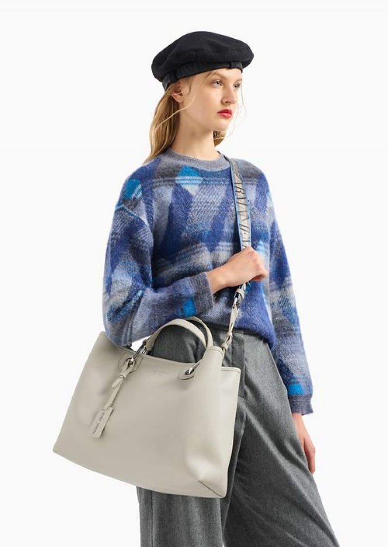 Dove Grey Emporio Armani Medium Myea Shopper Bag With Deer Print | EA-SN57322