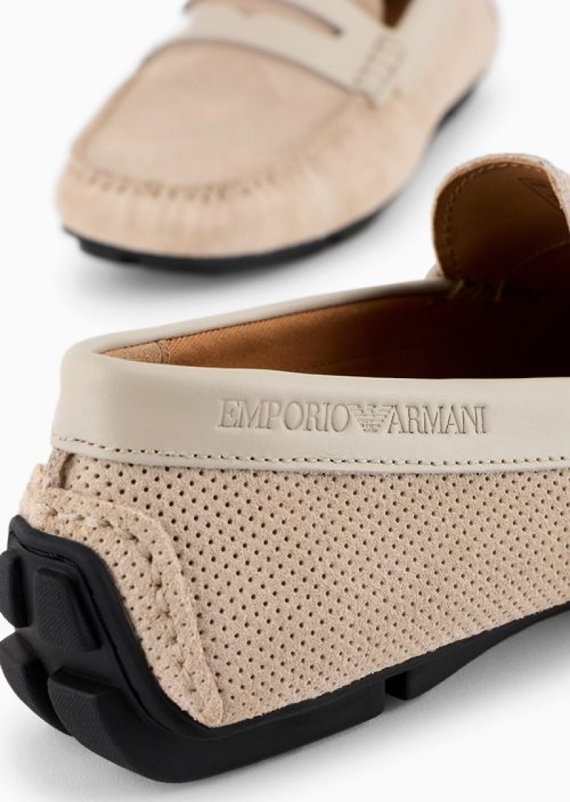 Dove Grey Emporio Armani Micro-perforated Suede Driving Loafers | EA-SN58875