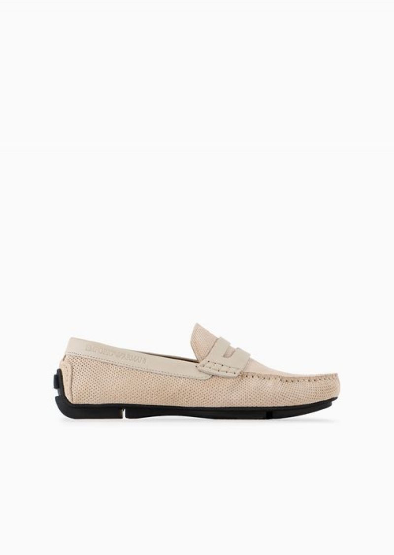 Dove Grey Emporio Armani Micro-perforated Suede Driving Loafers | EA-SN58875