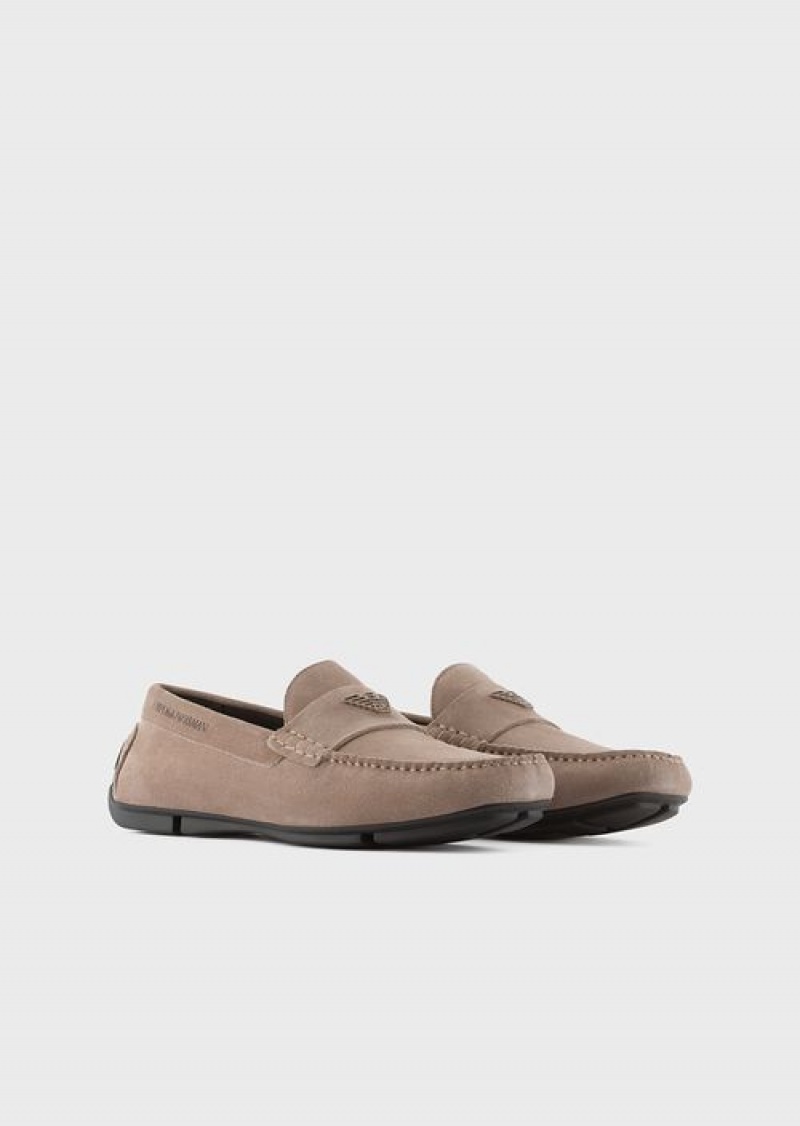 Dove Grey Emporio Armani Suede Driving Loafers With Logo | EA-SN58874