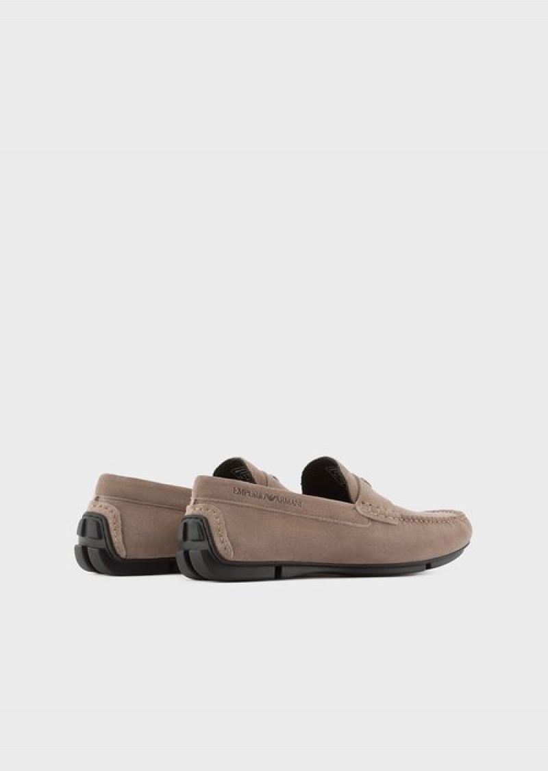 Dove Grey Emporio Armani Suede Driving Loafers With Logo | EA-SN58874