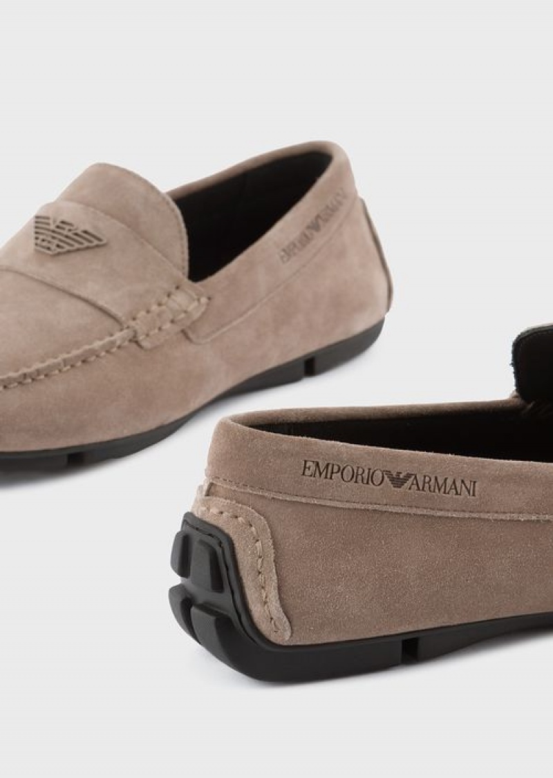 Dove Grey Emporio Armani Suede Driving Loafers With Logo | EA-SN58874