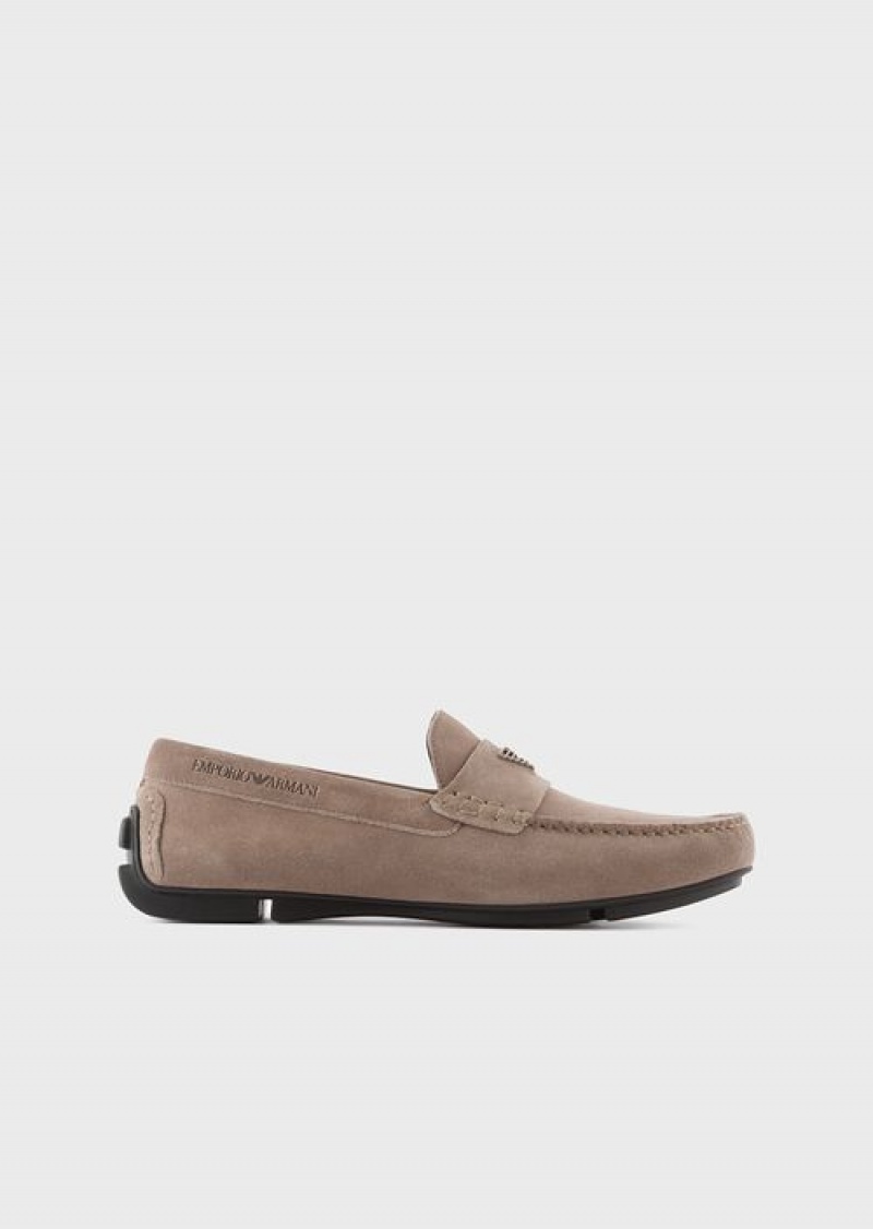 Dove Grey Emporio Armani Suede Driving Loafers With Logo | EA-SN58874