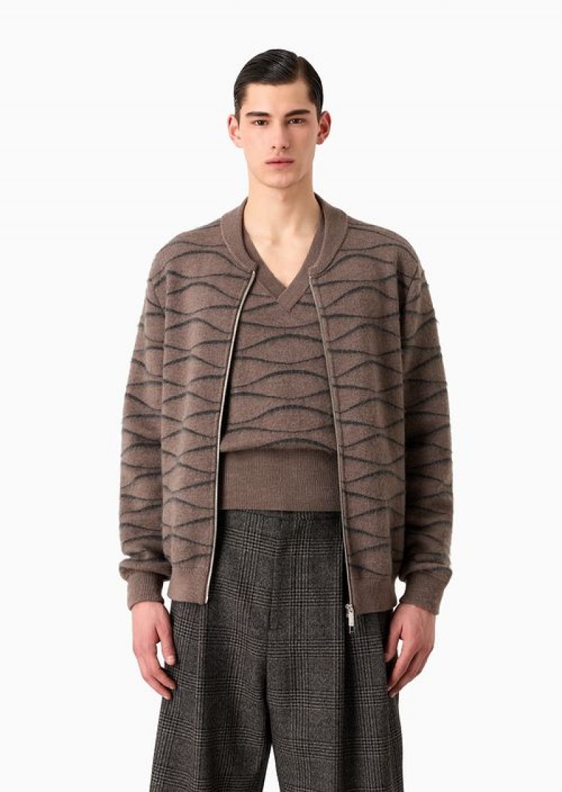 Dove Grey Emporio Armani Two-tone Geometric Jacquard Wool And Alpaca Blend Knit Blouson | EA-SN58186