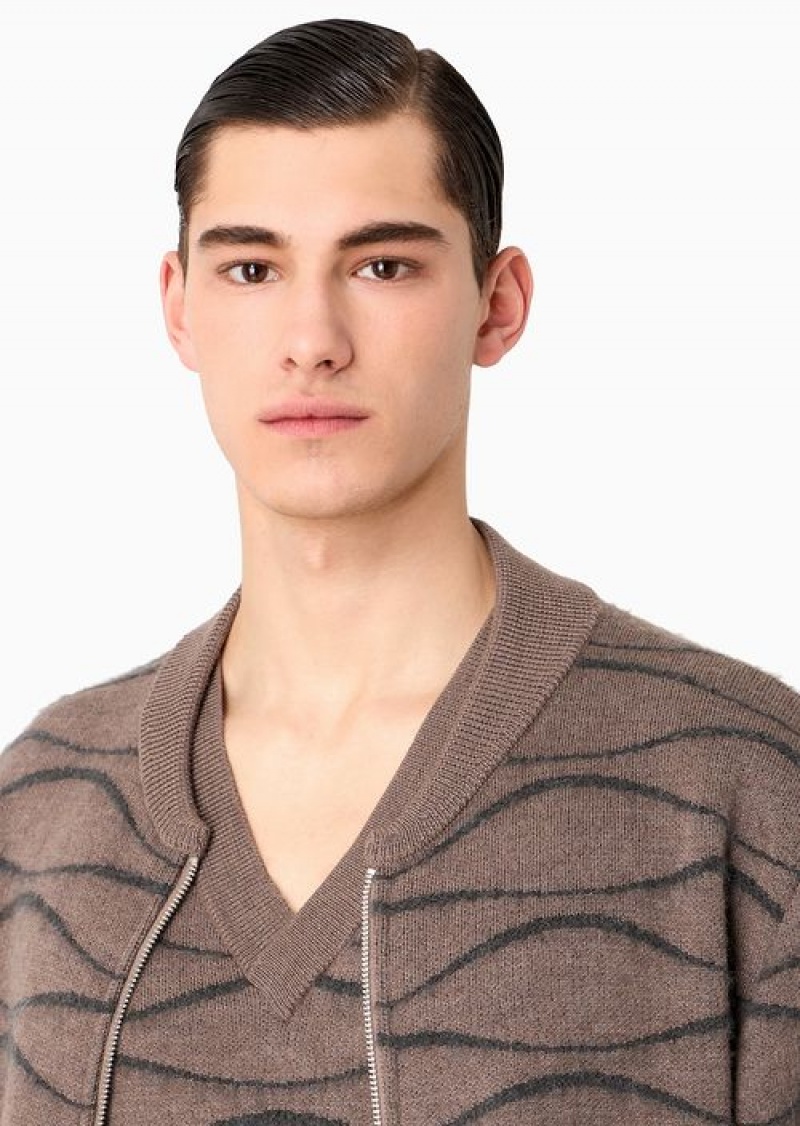 Dove Grey Emporio Armani Two-tone Geometric Jacquard Wool And Alpaca Blend Knit Blouson | EA-SN58186