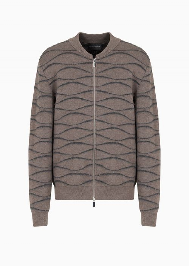 Dove Grey Emporio Armani Two-tone Geometric Jacquard Wool And Alpaca Blend Knit Blouson | EA-SN58186