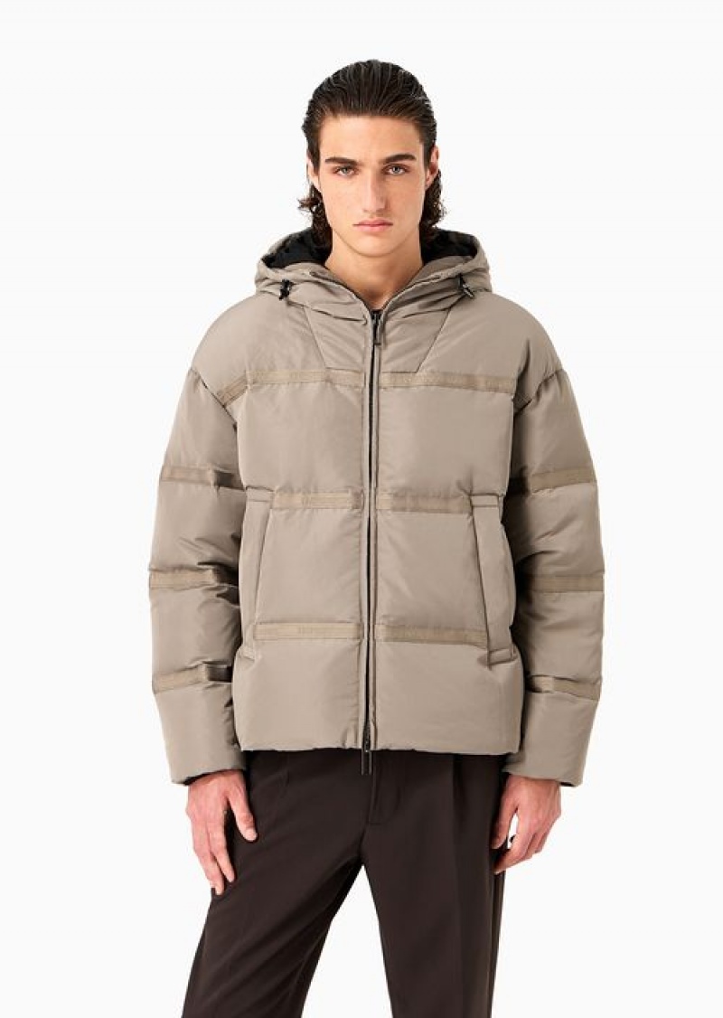 Dove Grey Emporio Armani Water-repellent Hooded Down Jacket In Nylon Ottoman With Jacquard Logo Tape | EA-SN58211