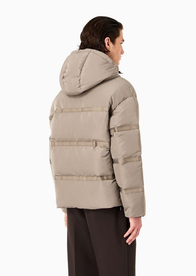 Dove Grey Emporio Armani Water-repellent Hooded Down Jacket In Nylon Ottoman With Jacquard Logo Tape | EA-SN58211