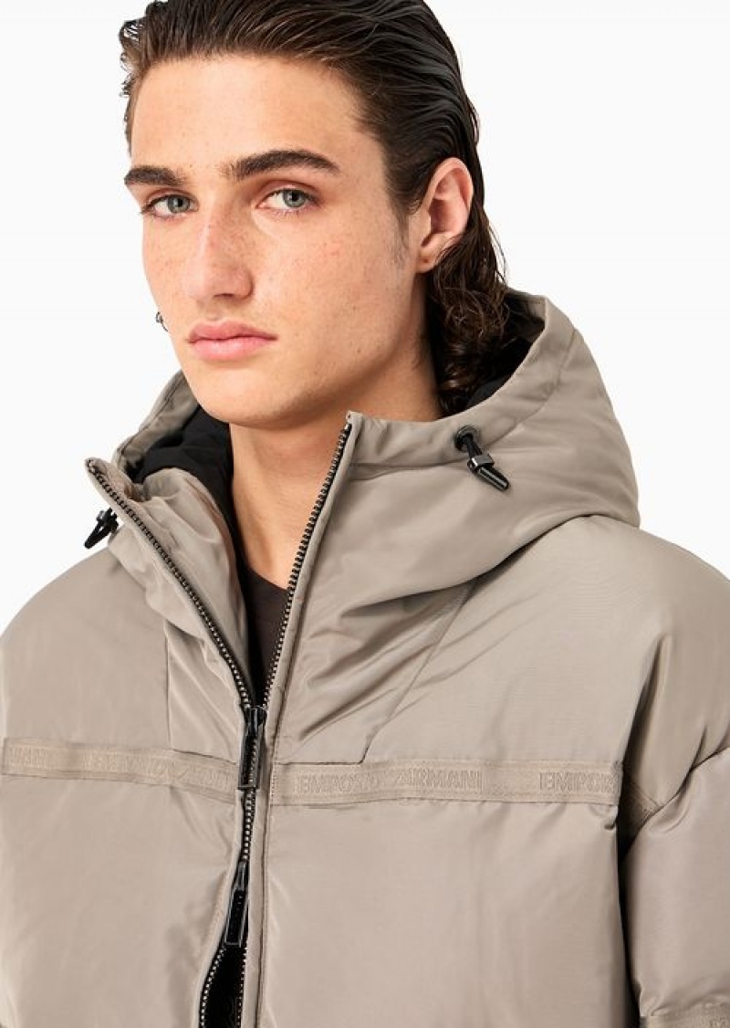 Dove Grey Emporio Armani Water-repellent Hooded Down Jacket In Nylon Ottoman With Jacquard Logo Tape | EA-SN58211