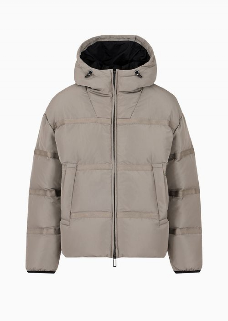 Dove Grey Emporio Armani Water-repellent Hooded Down Jacket In Nylon Ottoman With Jacquard Logo Tape | EA-SN58211