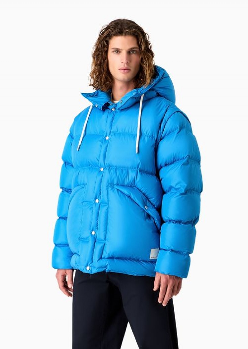 Electric Blue Emporio Armani Asv Capsule Satin Quilted Down Jacket With Hood And Recycled Down | EA-SN58168