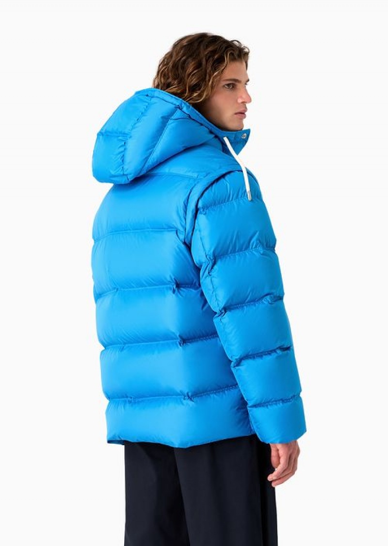 Electric Blue Emporio Armani Asv Capsule Satin Quilted Down Jacket With Hood And Recycled Down | EA-SN58168