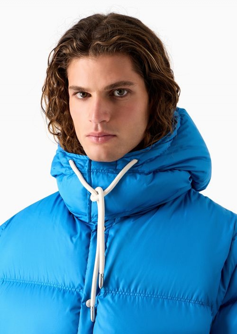 Electric Blue Emporio Armani Asv Capsule Satin Quilted Down Jacket With Hood And Recycled Down | EA-SN58168