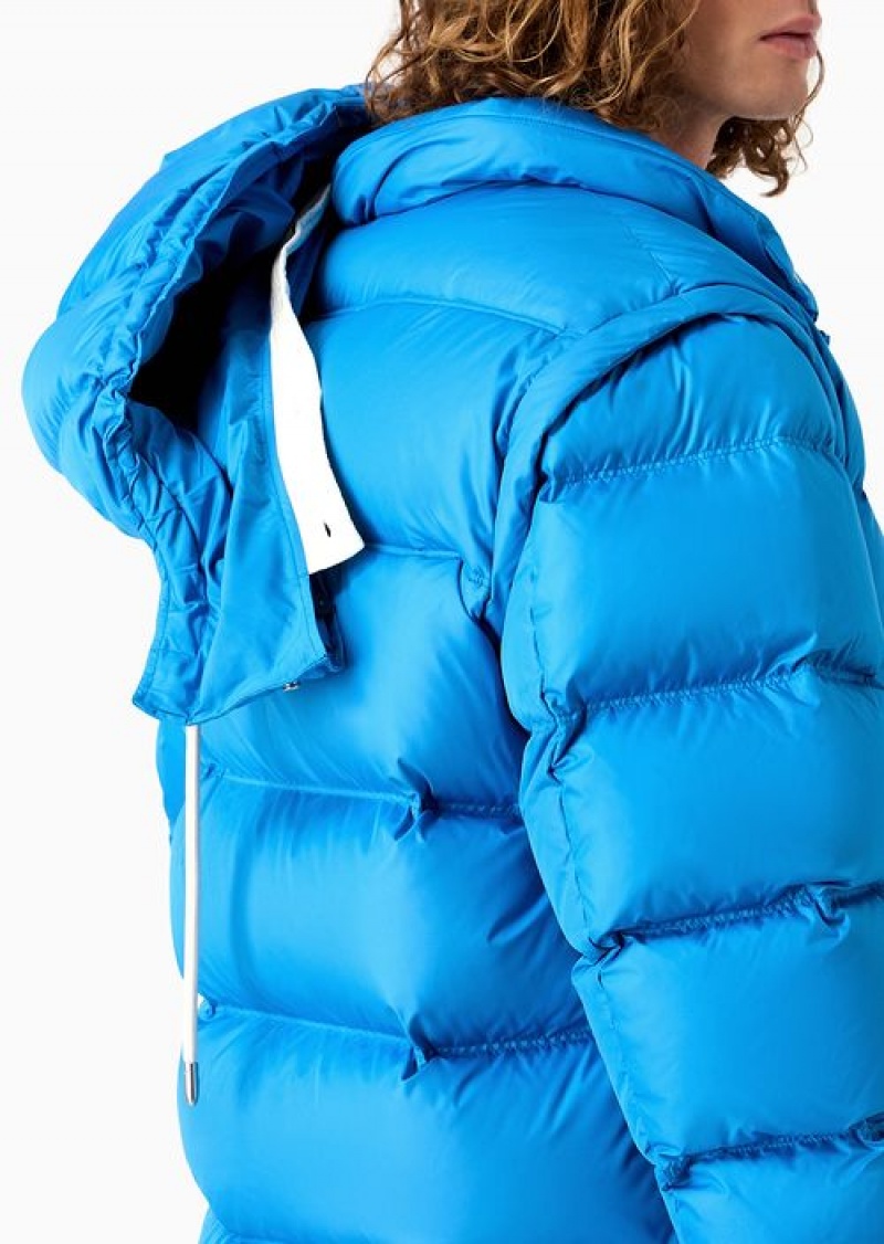 Electric Blue Emporio Armani Asv Capsule Satin Quilted Down Jacket With Hood And Recycled Down | EA-SN58168