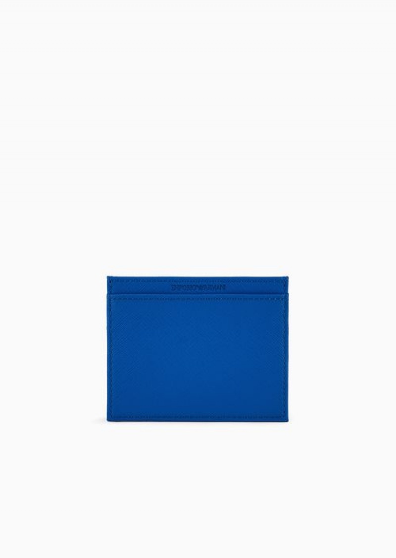 Electric Blue Emporio Armani Asv Regenerated Saffiano Leather Card Holder With Rubberised Eagle | EA-SN59292