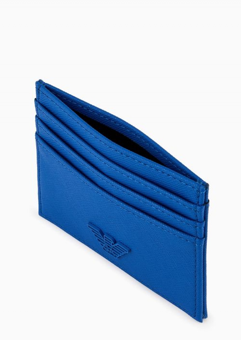 Electric Blue Emporio Armani Asv Regenerated Saffiano Leather Card Holder With Rubberised Eagle | EA-SN59292