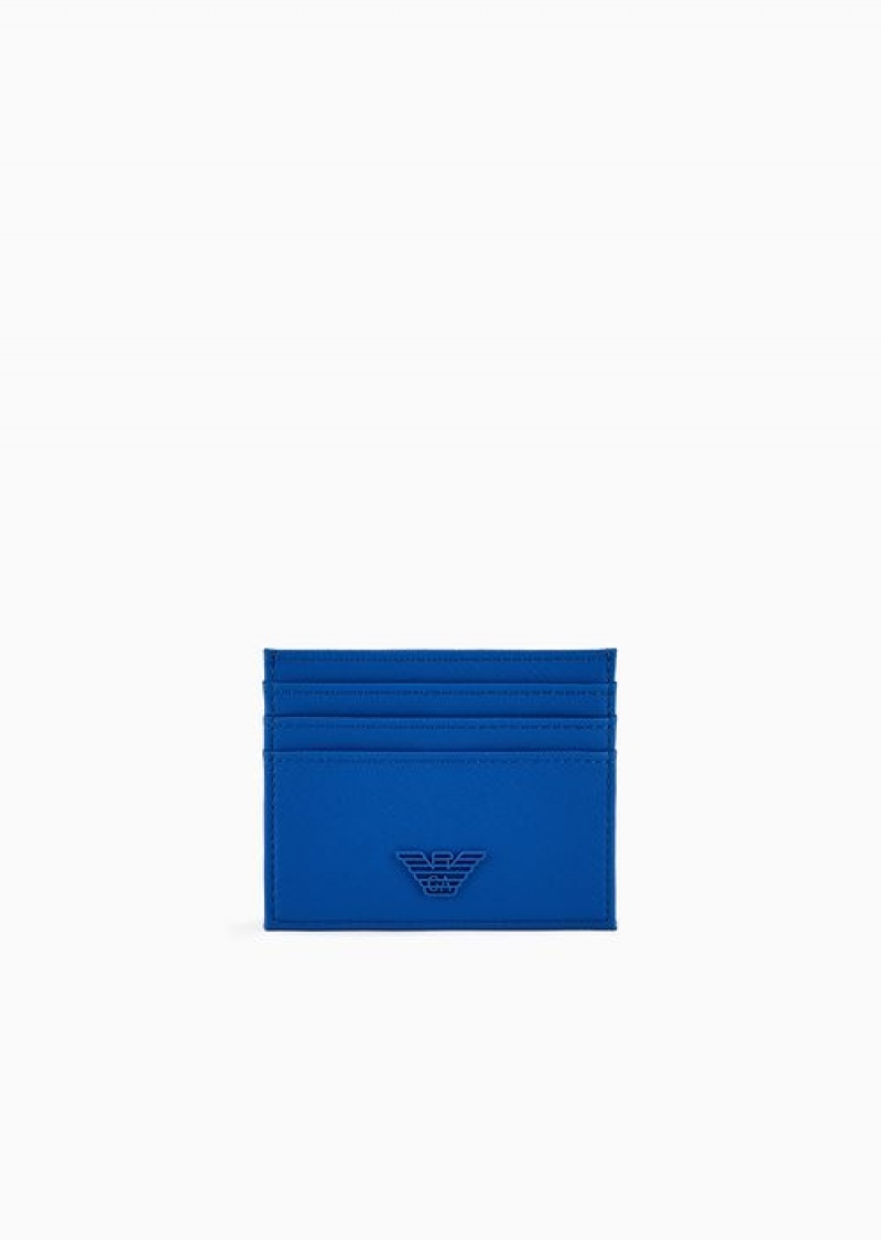 Electric Blue Emporio Armani Asv Regenerated Saffiano Leather Card Holder With Rubberised Eagle | EA-SN59292