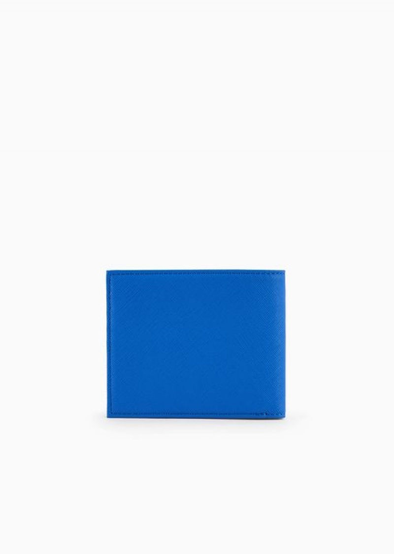 Electric Blue Emporio Armani Asv Regenerated Saffiano Leather Card Holder Wallet With Rubberised Eagle | EA-SN59293