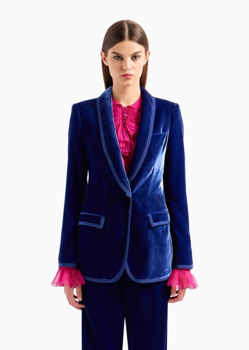 Electric Blue Emporio Armani Blazer With Shawl Collar In Liquid Velvet | EA-SN56460