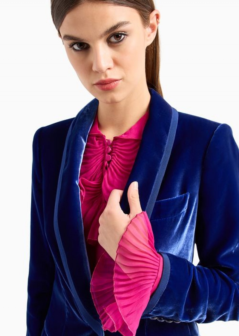 Electric Blue Emporio Armani Blazer With Shawl Collar In Liquid Velvet | EA-SN56460