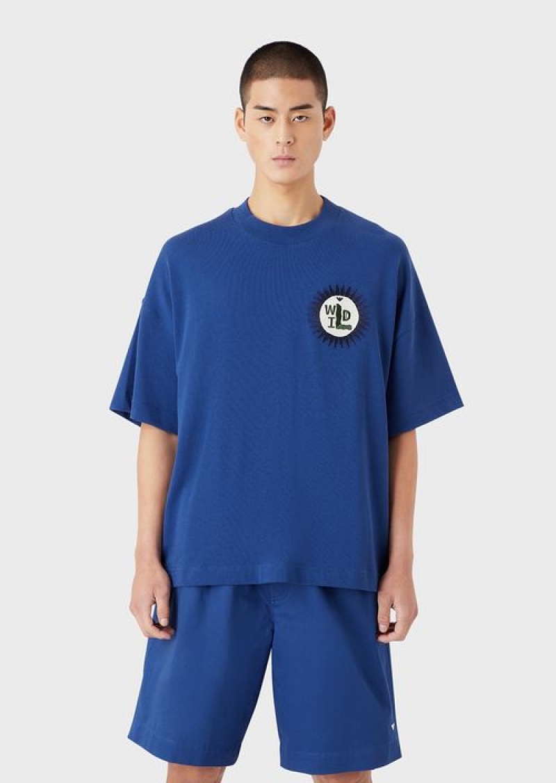 Electric Blue Emporio Armani Sustainable Collection Organic American Jersey T-shirt With Patch | EA-SN58671