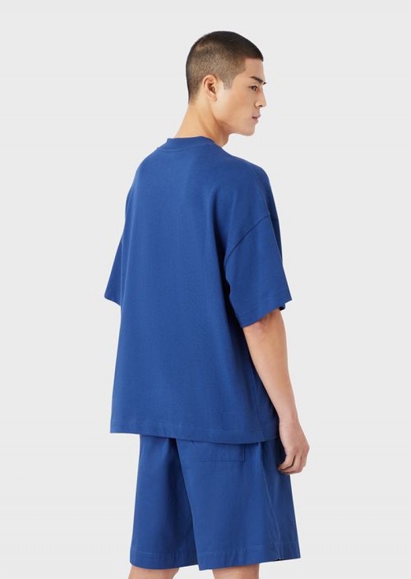 Electric Blue Emporio Armani Sustainable Collection Organic American Jersey T-shirt With Patch | EA-SN58671