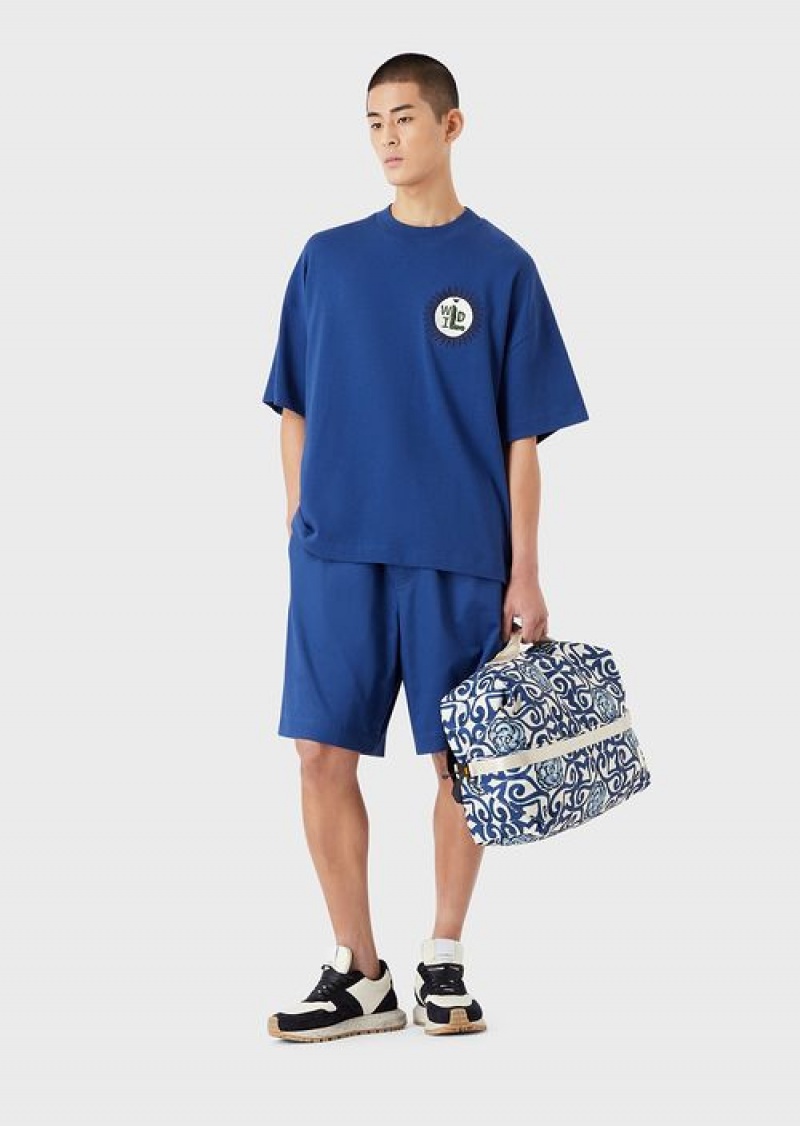 Electric Blue Emporio Armani Sustainable Collection Organic American Jersey T-shirt With Patch | EA-SN58671