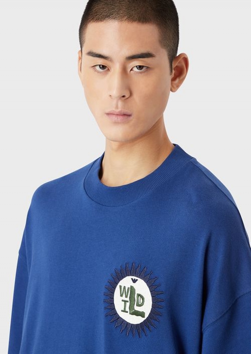 Electric Blue Emporio Armani Sustainable Collection Organic American Jersey T-shirt With Patch | EA-SN58671