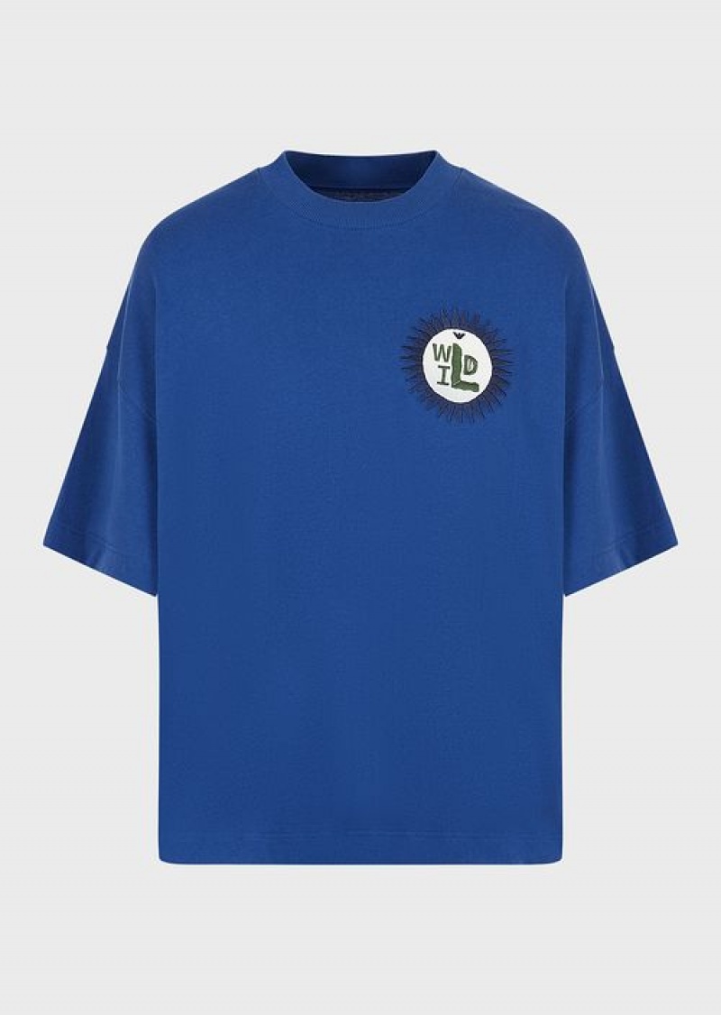 Electric Blue Emporio Armani Sustainable Collection Organic American Jersey T-shirt With Patch | EA-SN58671