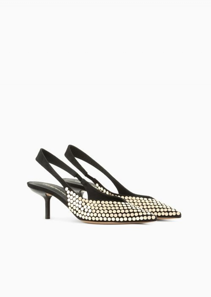 Gold Emporio Armani Slingback Court Shoes With Flat Studs | EA-SN57157