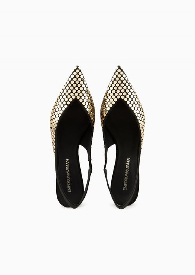 Gold Emporio Armani Slingback Court Shoes With Flat Studs | EA-SN57157