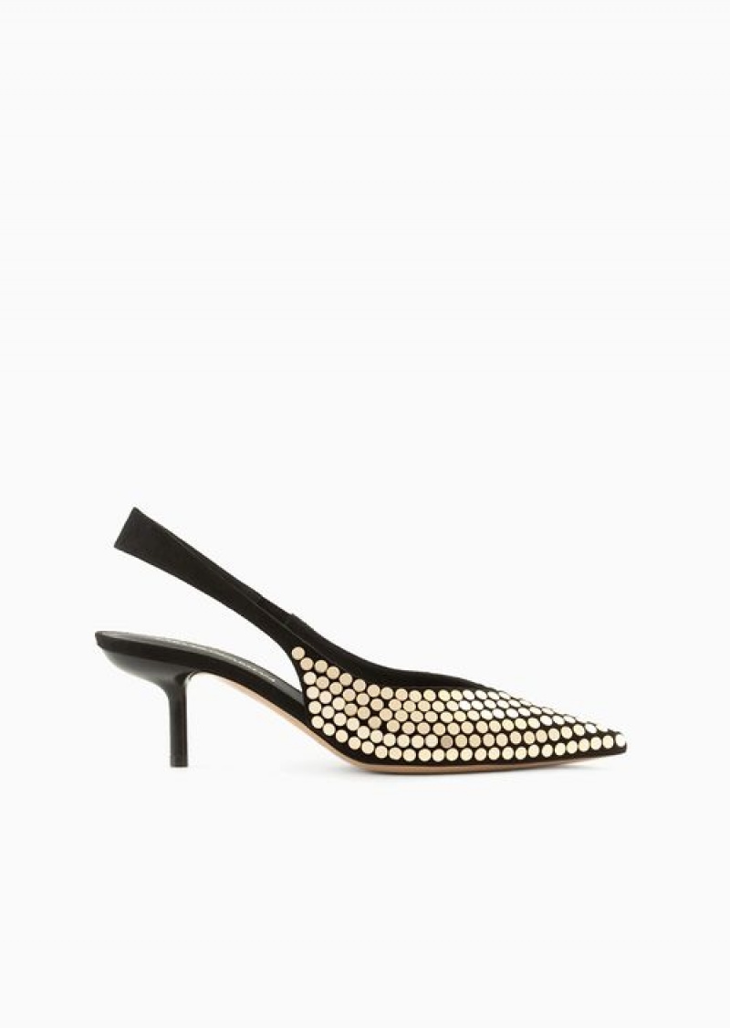 Gold Emporio Armani Slingback Court Shoes With Flat Studs | EA-SN57157