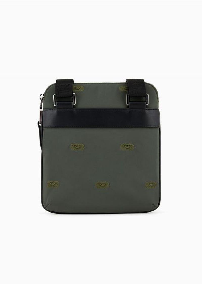 Green Emporio Armani Asv Flat Crossbody Bag In Recycled Nylon With All-over Eagle Stamp Embroidery | EA-SN59087