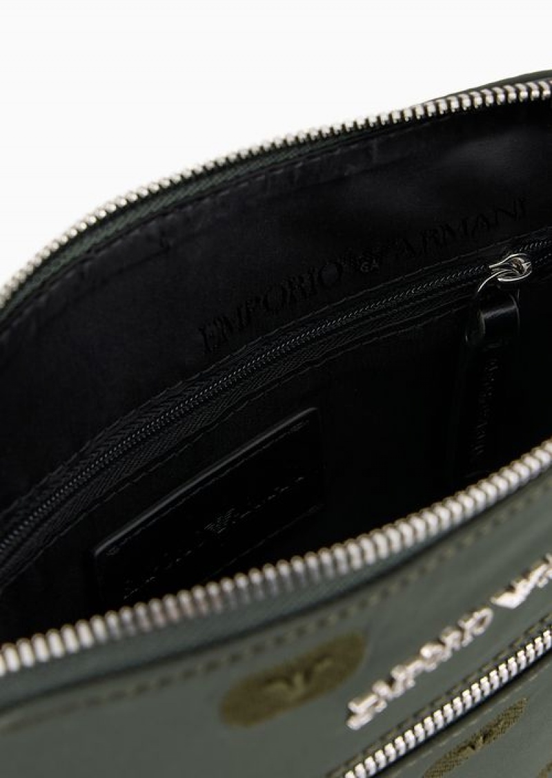 Green Emporio Armani Asv Flat Crossbody Bag In Recycled Nylon With All-over Eagle Stamp Embroidery | EA-SN59087