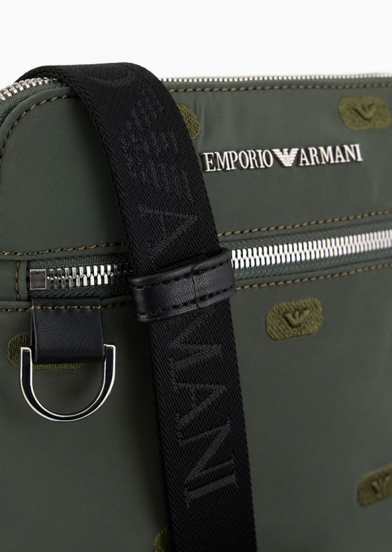 Green Emporio Armani Asv Flat Crossbody Bag In Recycled Nylon With All-over Eagle Stamp Embroidery | EA-SN59087