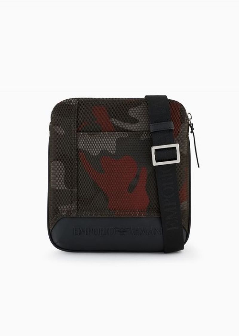 Green Emporio Armani Camouflage Mesh And Jersey Flat Crossbody Bag | EA-SN59085